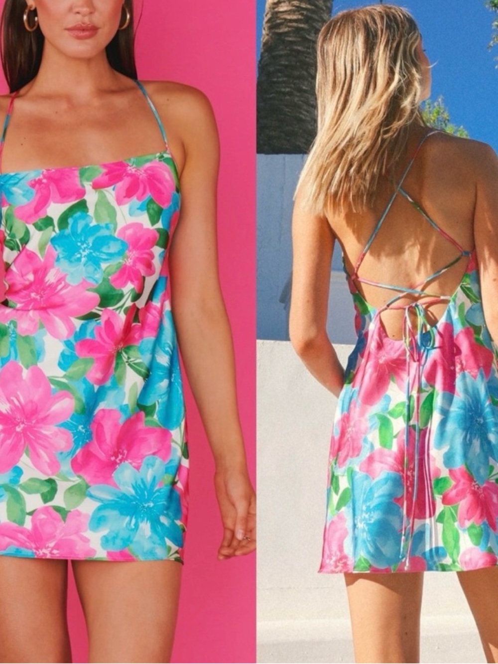 Show Me Your MuMu Bright Pink & Blue Floral Tie-Back Mini Dress
